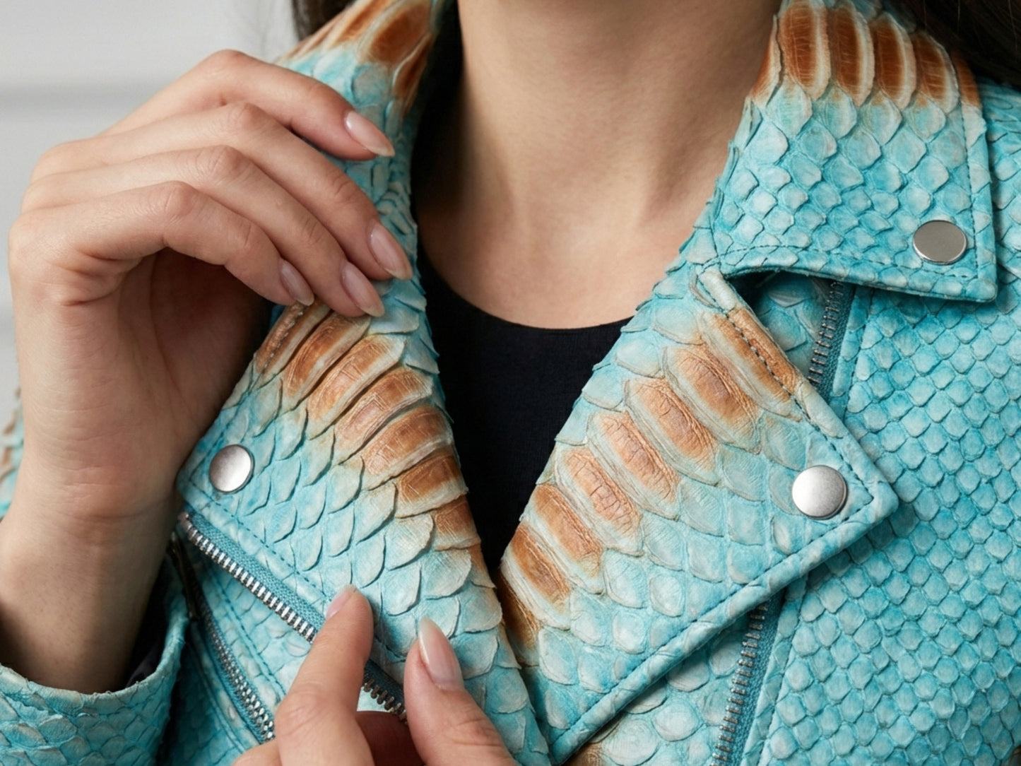Turquoise Python Snakeskin Leather Jacket
