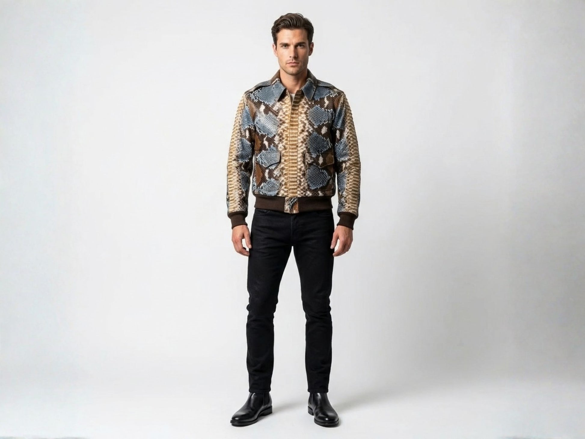 Multi Color Brown Snakeskin Bomber Jacket