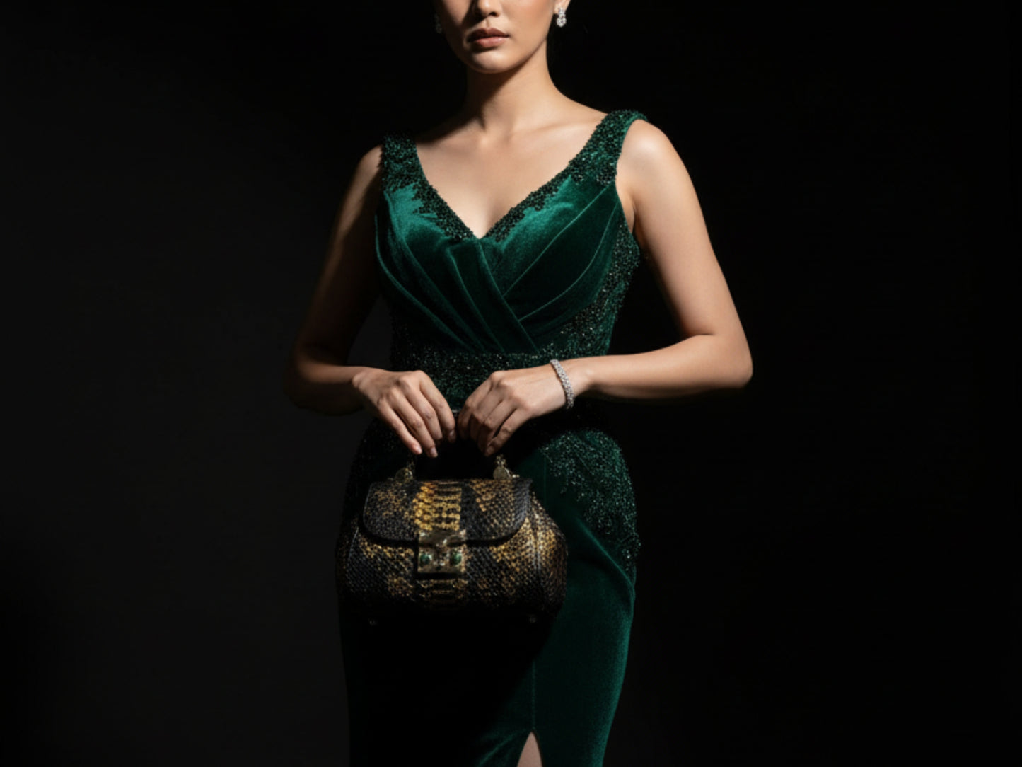 Luxury Genuine Python Snakeskin Handbag: Black & Gold Designer Purse