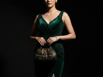 Luxury Genuine Python Snakeskin Handbag: Black & Gold Designer Purse