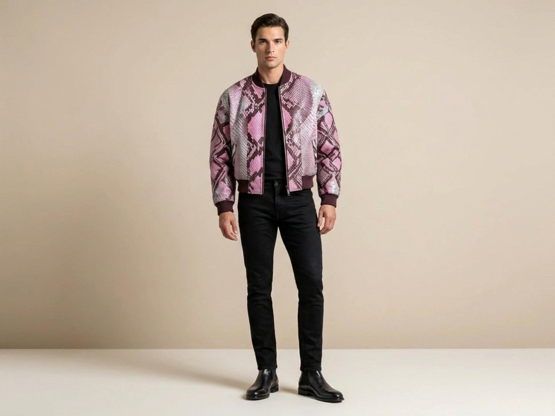 Blush Pink Python Snakeskin Bomber Jacket