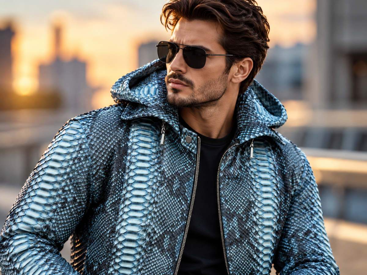 A man wearing a blue and black snakeskin-patterned hooded jacket and black sunglasses, photographed outdoors against a softly blurred city skyline at sunset.