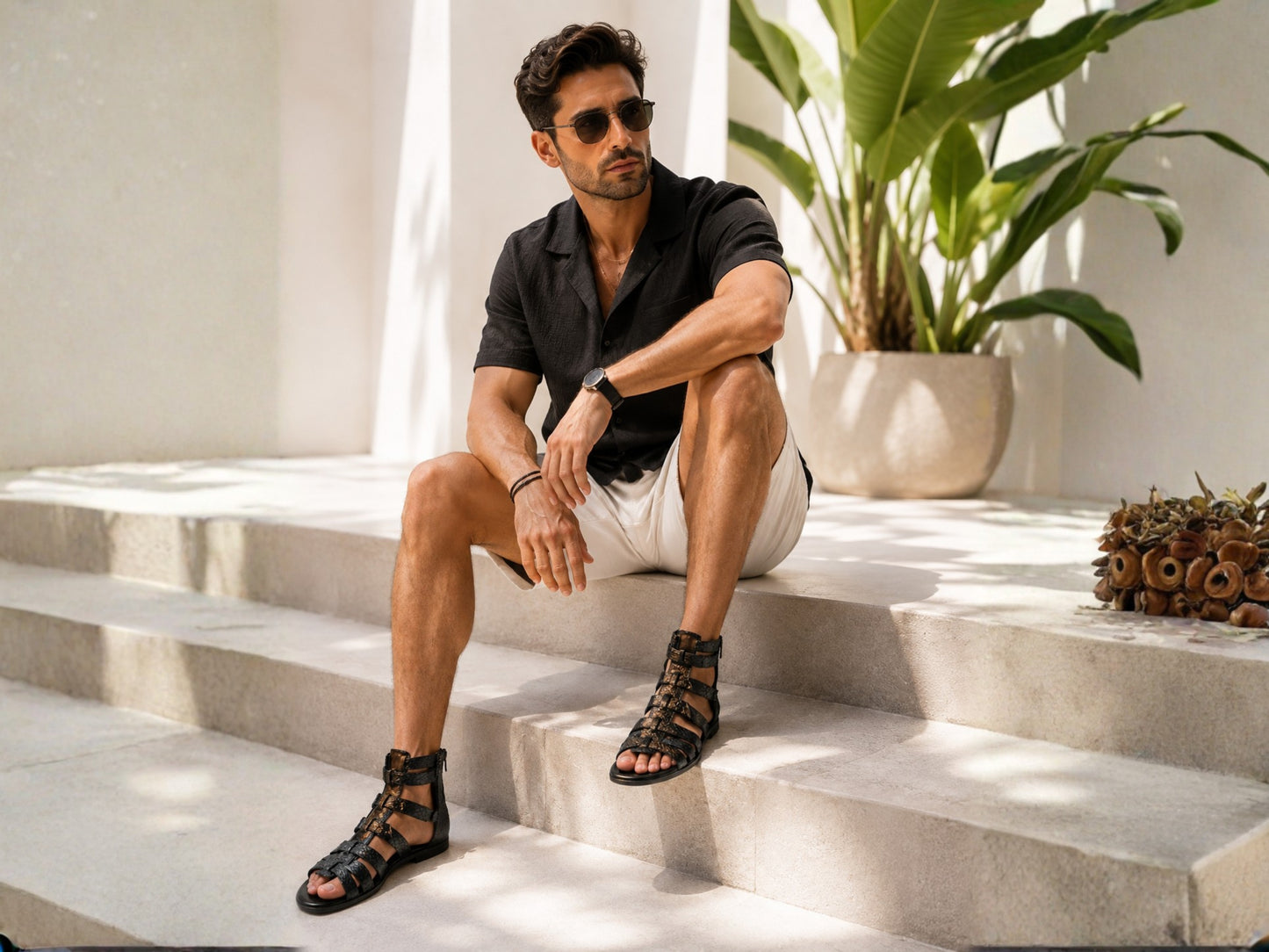 A man wearing black strappy gladiator sandals, a black short-sleeve button-up shirt, and off-white shorts sits on light stone steps in a sunlit outdoor setting with a potted plant in the background.