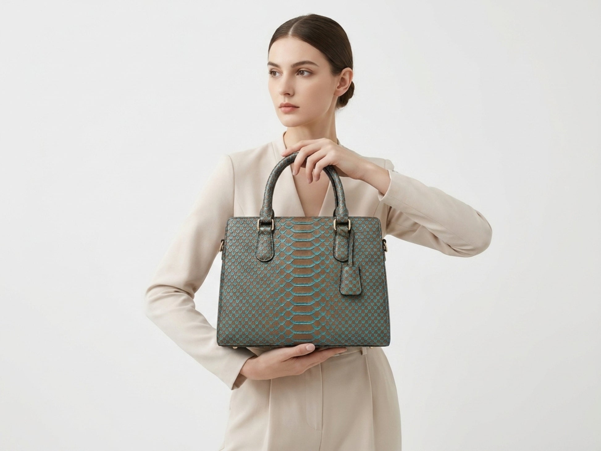 Brown Python Snakeskin Tote Satchel