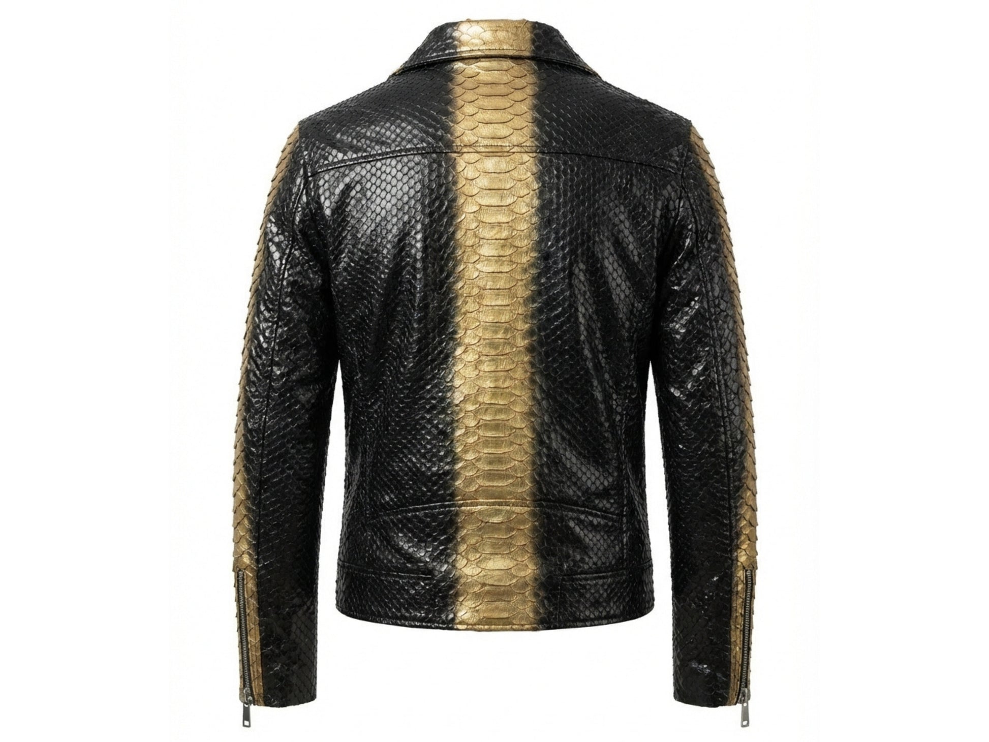 Genuine Python Snakeskin Biker Jacket: Black Gold Exotic Leather Motorcycle Jacket