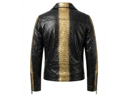 Genuine Python Snakeskin Biker Jacket: Black Gold Exotic Leather Motorcycle Jacket