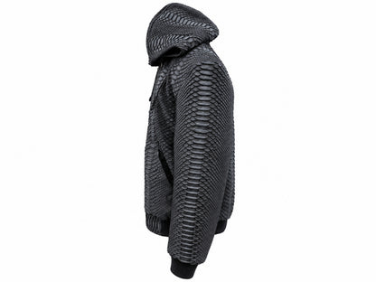 A dark gray hooded jacket with a distinctive raised, textured scale-like pattern, shown in a side profile view against a plain white background.
