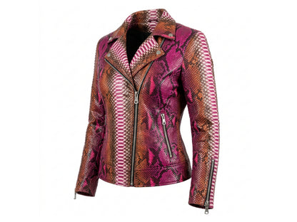 Genuine Python Snakeskin Leather Biker Jacket for Women: Pink Brown Exotic Motorcycle Jacket