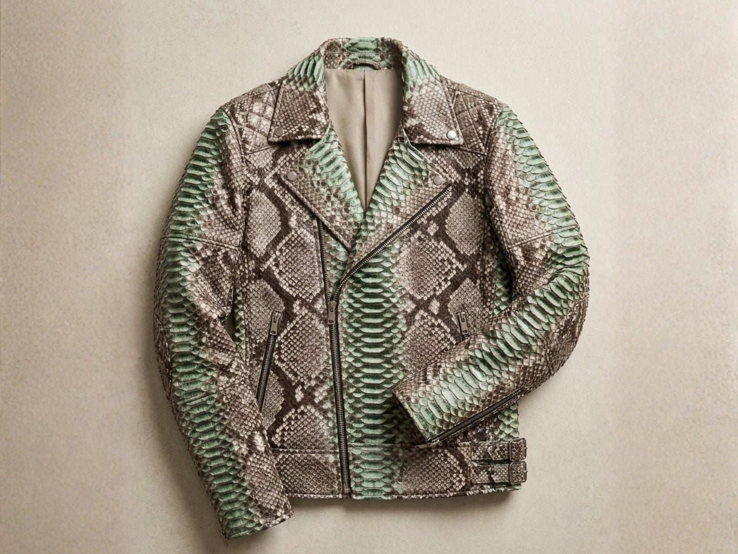 Genuine Python Snakeskin Leather Biker Jacket: Natural Gray with Green Gradation