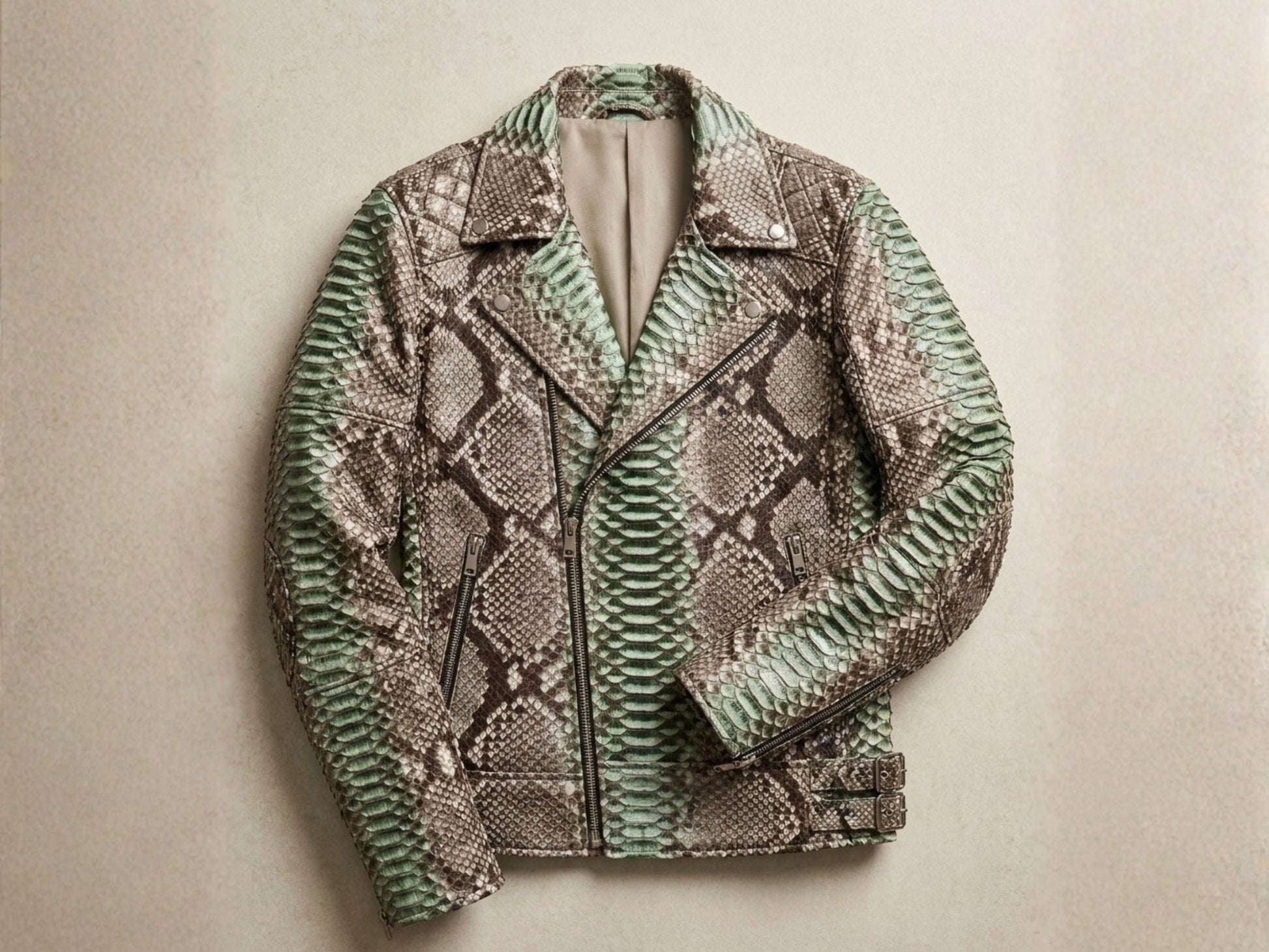 Genuine Python Snakeskin Leather Biker Jacket: Natural Gray with Green Gradation
