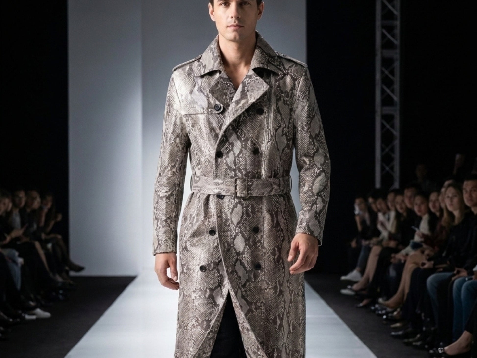 Natural Gray Python Snakeskin Long Trench Coat