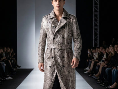 Natural Gray Python Snakeskin Long Trench Coat