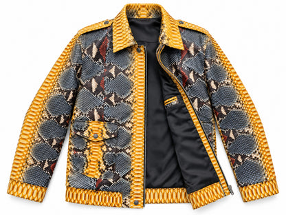 Front view of an open python snakeskin leather jacket revealing its black interior lining, front zipper, inner pocket detail, mustard gold trim, and charcoal geometric pattern.