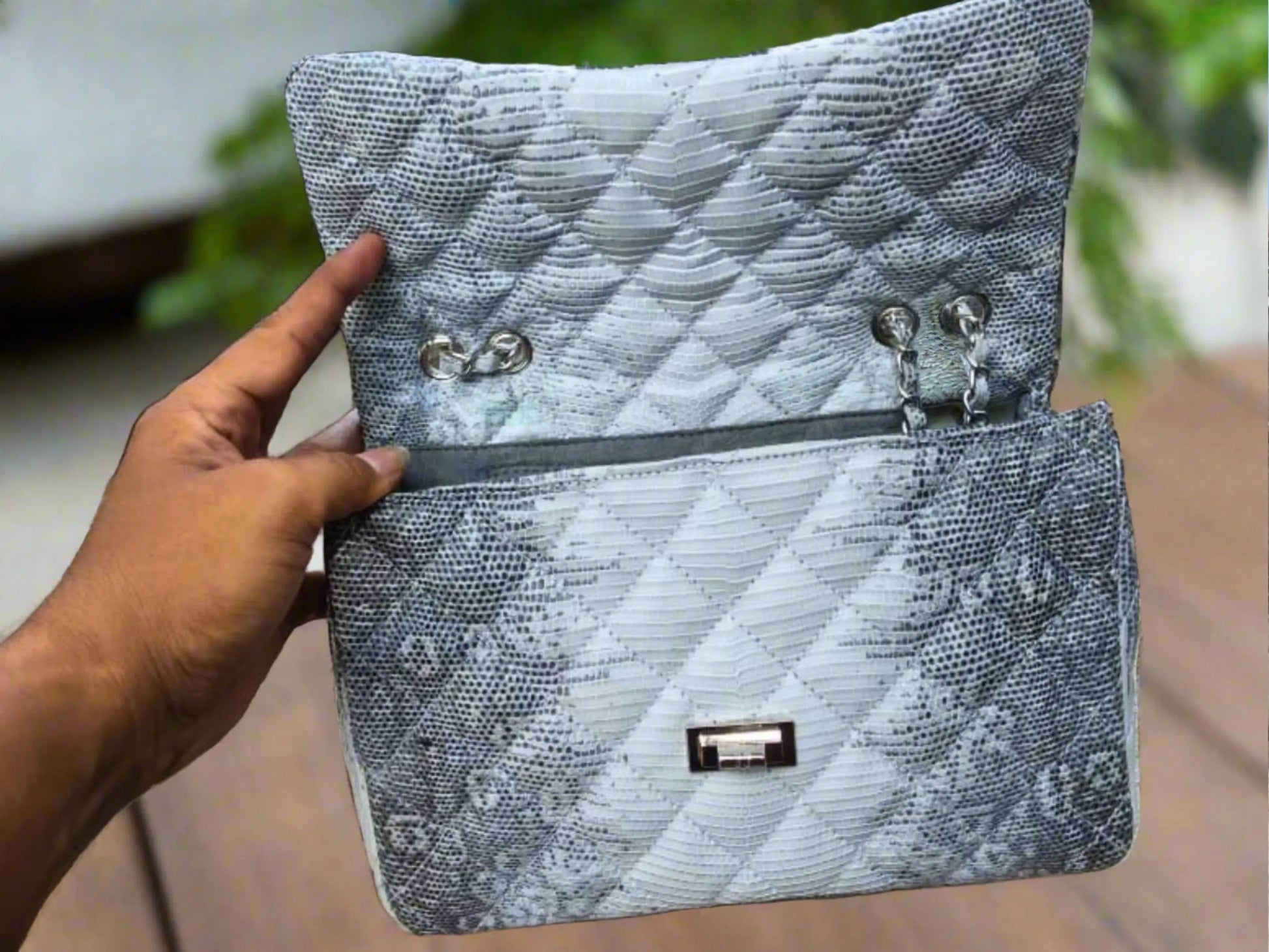 flap open of Exotic Quilted Lizard Skin Bag