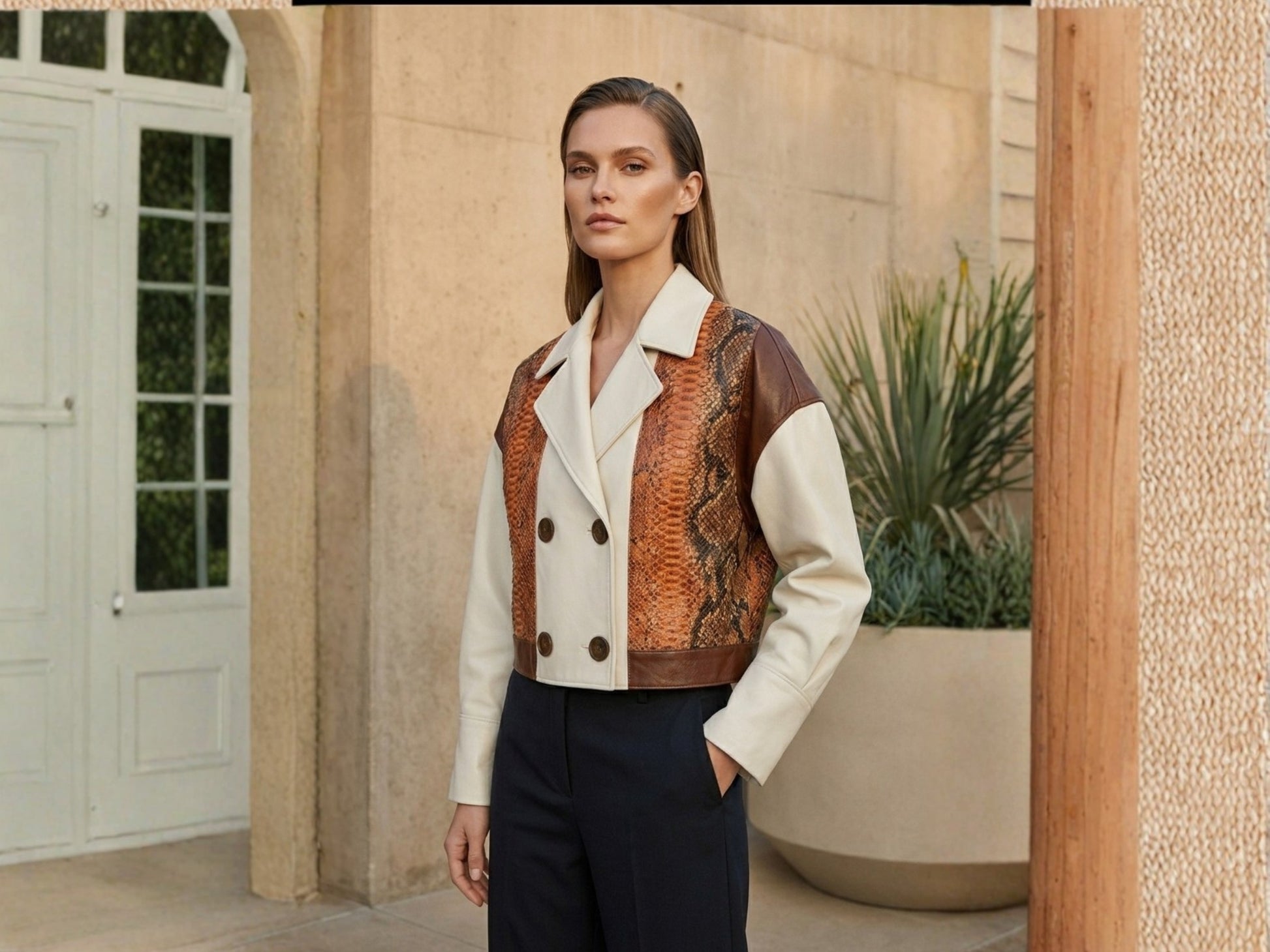 Cream Cognac Genuine Python Snakeskin Lambskin Double Breasted Blazer