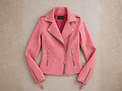 Rose Pink Python Snakeskin Leather Jacket