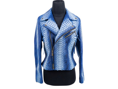 Handmade Blue Python Snakeskin Biker Jacket – Exotic Leather Moto Coat