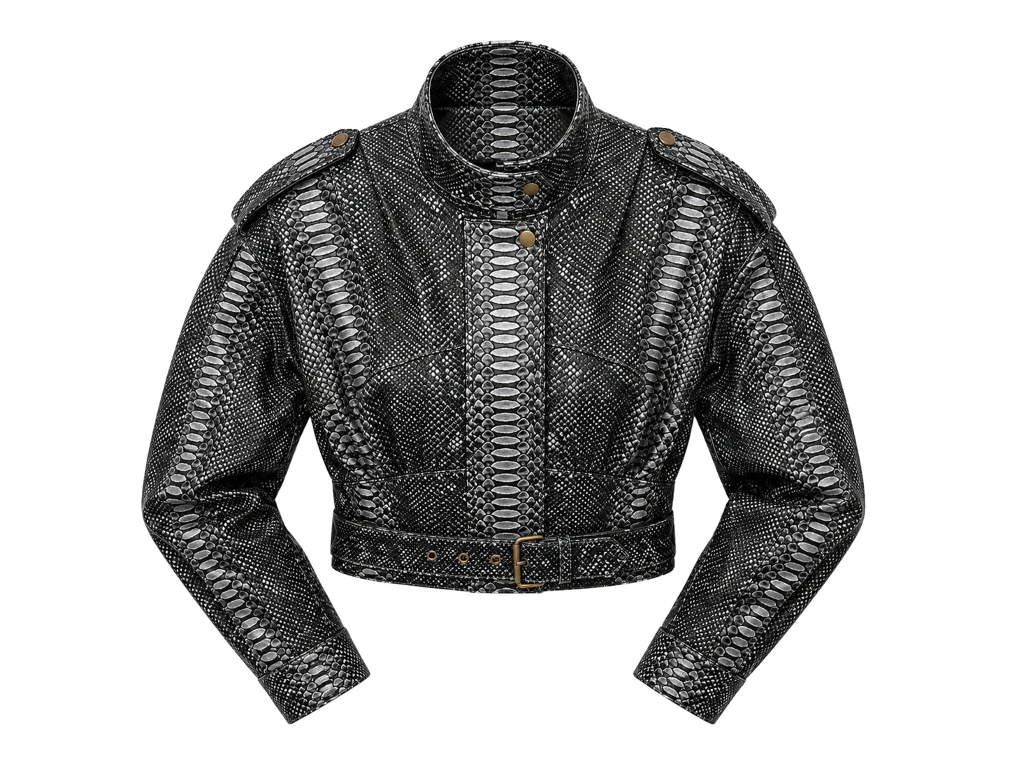 A cropped black python-print faux leather jacket with shoulder epaulets and a belted waist, shown against a plain white background.