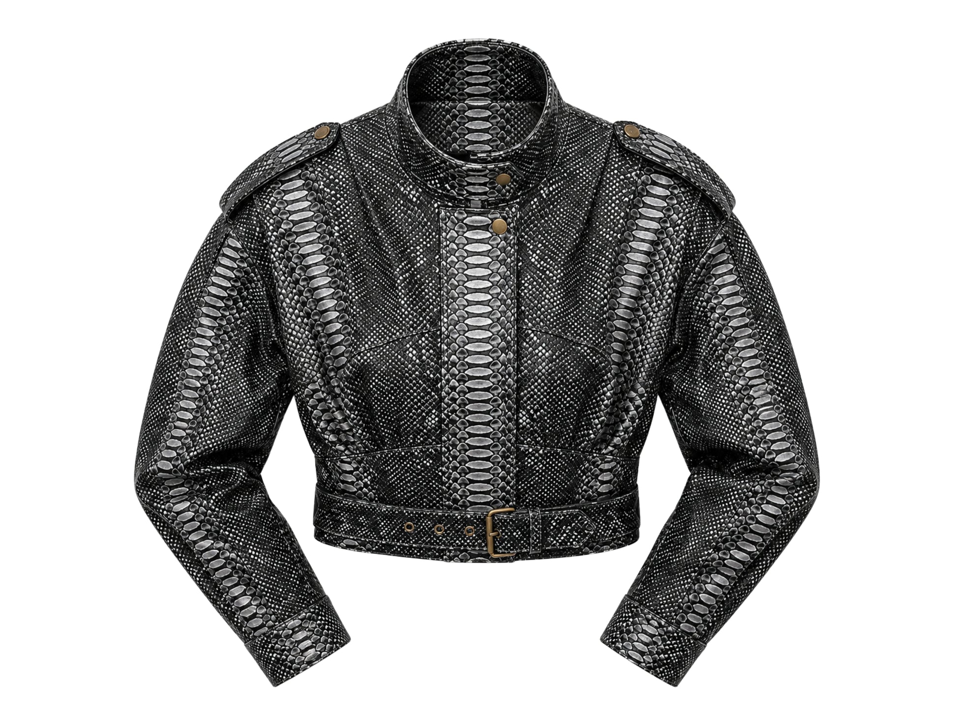 A cropped black python-print faux leather jacket with shoulder epaulets and a belted waist, shown against a plain white background.