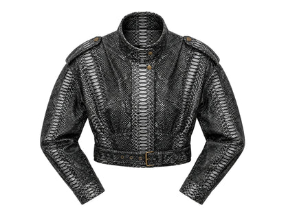 A cropped black python-print faux leather jacket with shoulder epaulets and a belted waist, shown against a plain white background.