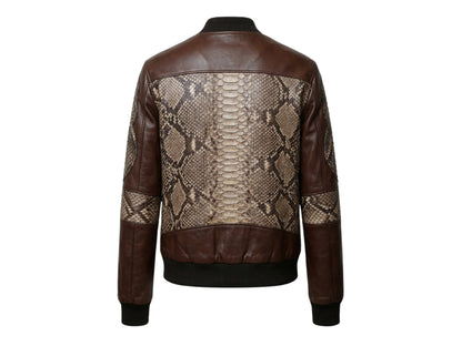 Dark Brown Python Snakeskin Bomber Jacket
