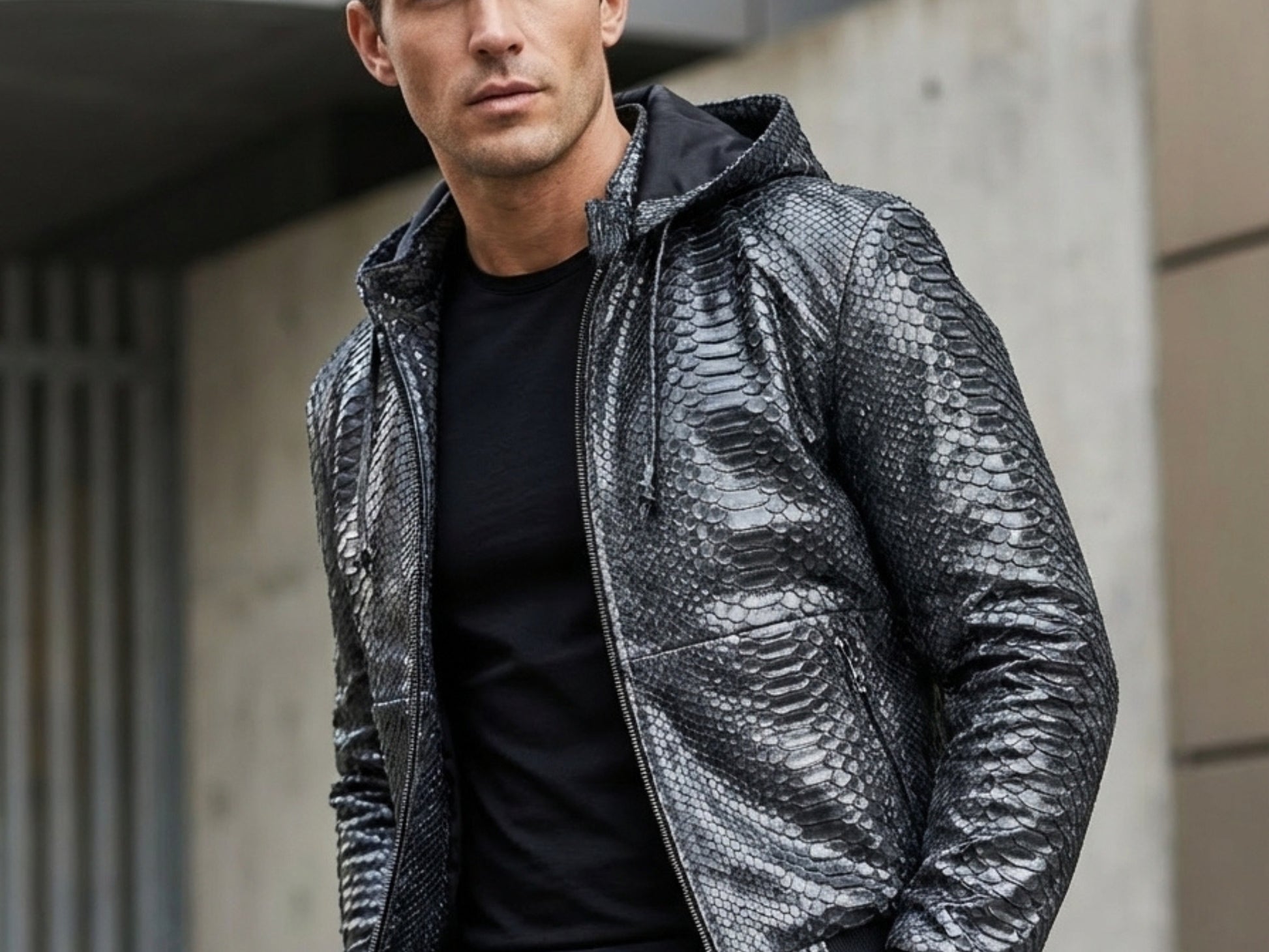 Genuine Python Snakeskin Hoodie Bomber Jacket | Black Nubuck Matte Leather