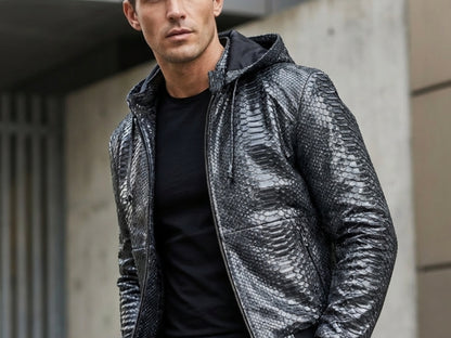 Genuine Python Snakeskin Hoodie Bomber Jacket | Black Nubuck Matte Leather