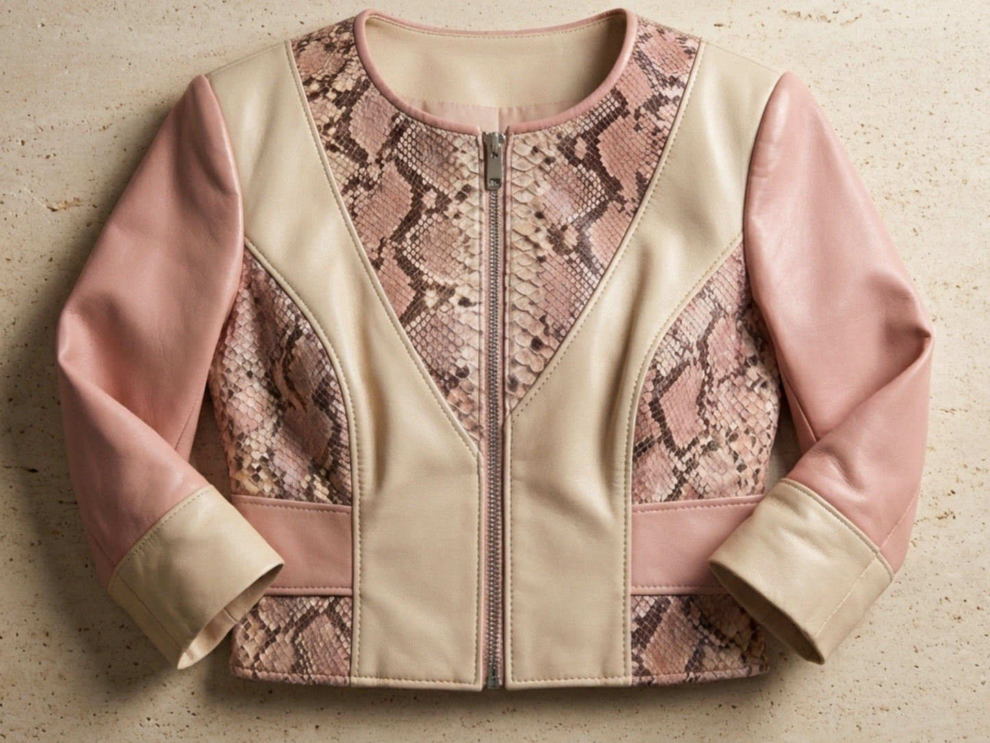 Blush Snakeskin Panel Cropped Leather Jacket
