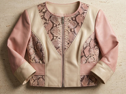 Blush Snakeskin Panel Cropped Leather Jacket