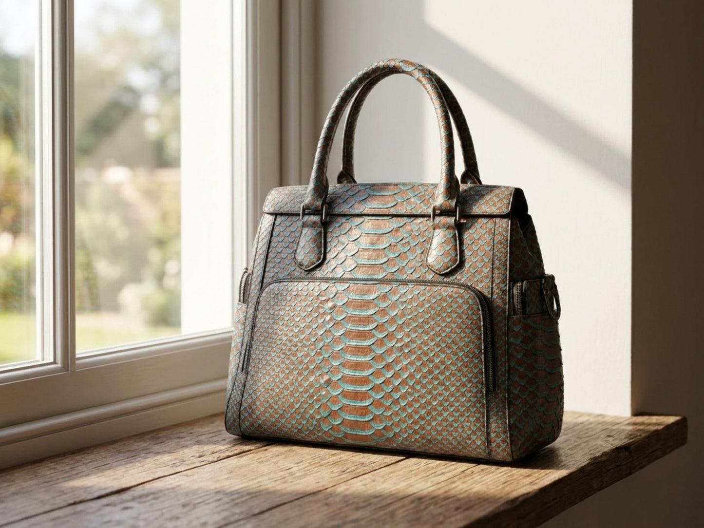 Brown Turquoise Python Snakeskin Leather Satchel Tote