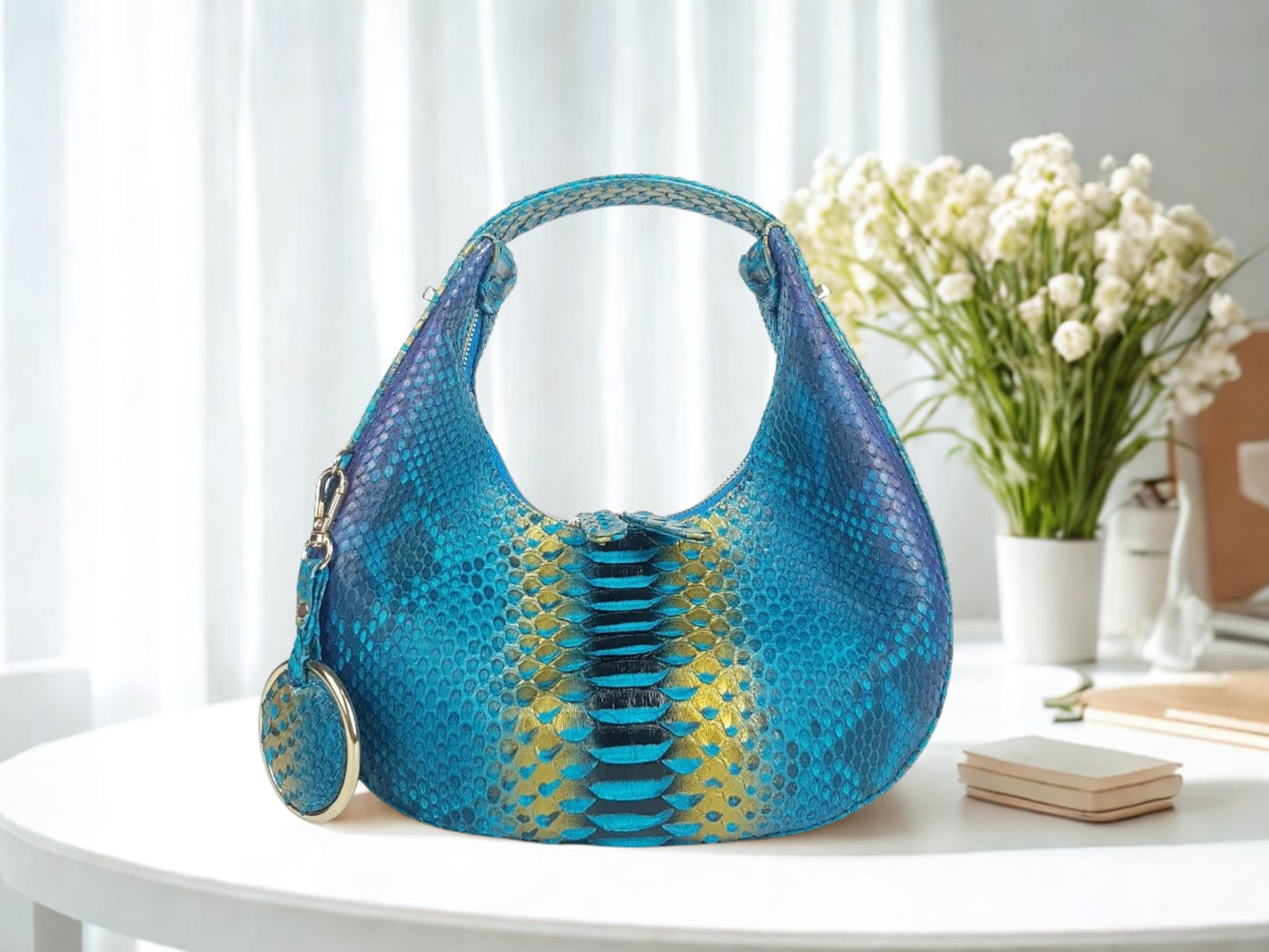 Half Moon Snakeskin Purse - turquoise color  on back view