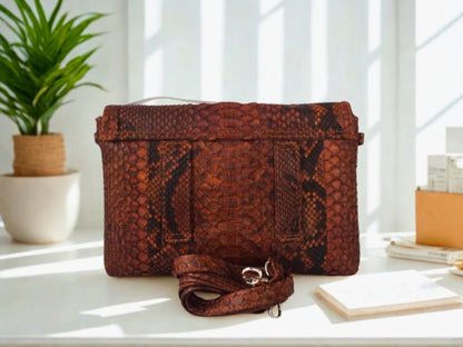 Snakeskin Leather Bag Back Waist Strap - dark brown color on backside view with belt loops strap