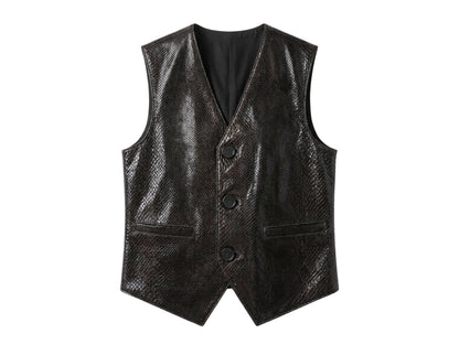 Genuine Python Snakeskin Leather Vest: Black Waistcoat