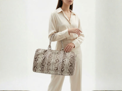 Luxury Genuine Python Snakeskin Leather Natural Gray Travel Weekender Bag