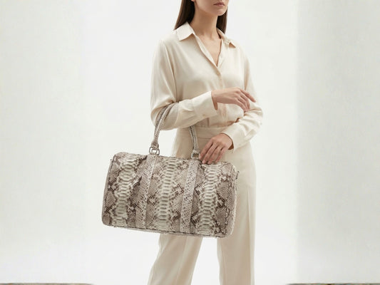 Luxury Genuine Python Snakeskin Leather Natural Gray Travel Weekender Bag