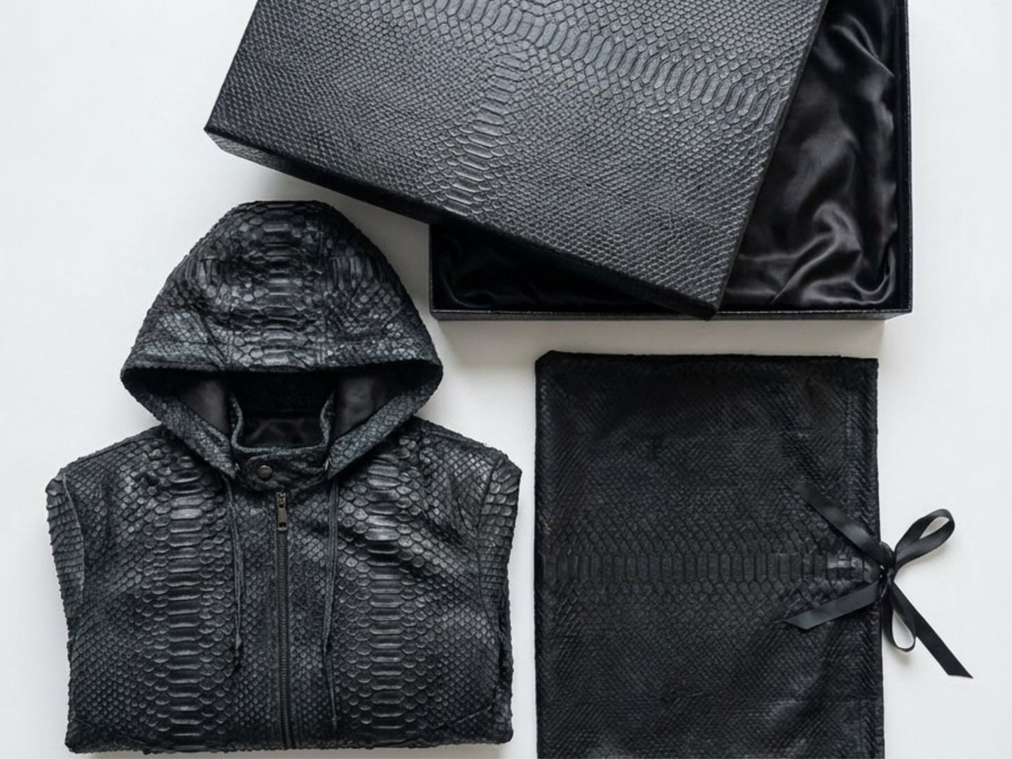 Genuine Python Snakeskin Hoodie Bomber Jacket | Black Nubuck Matte Leather