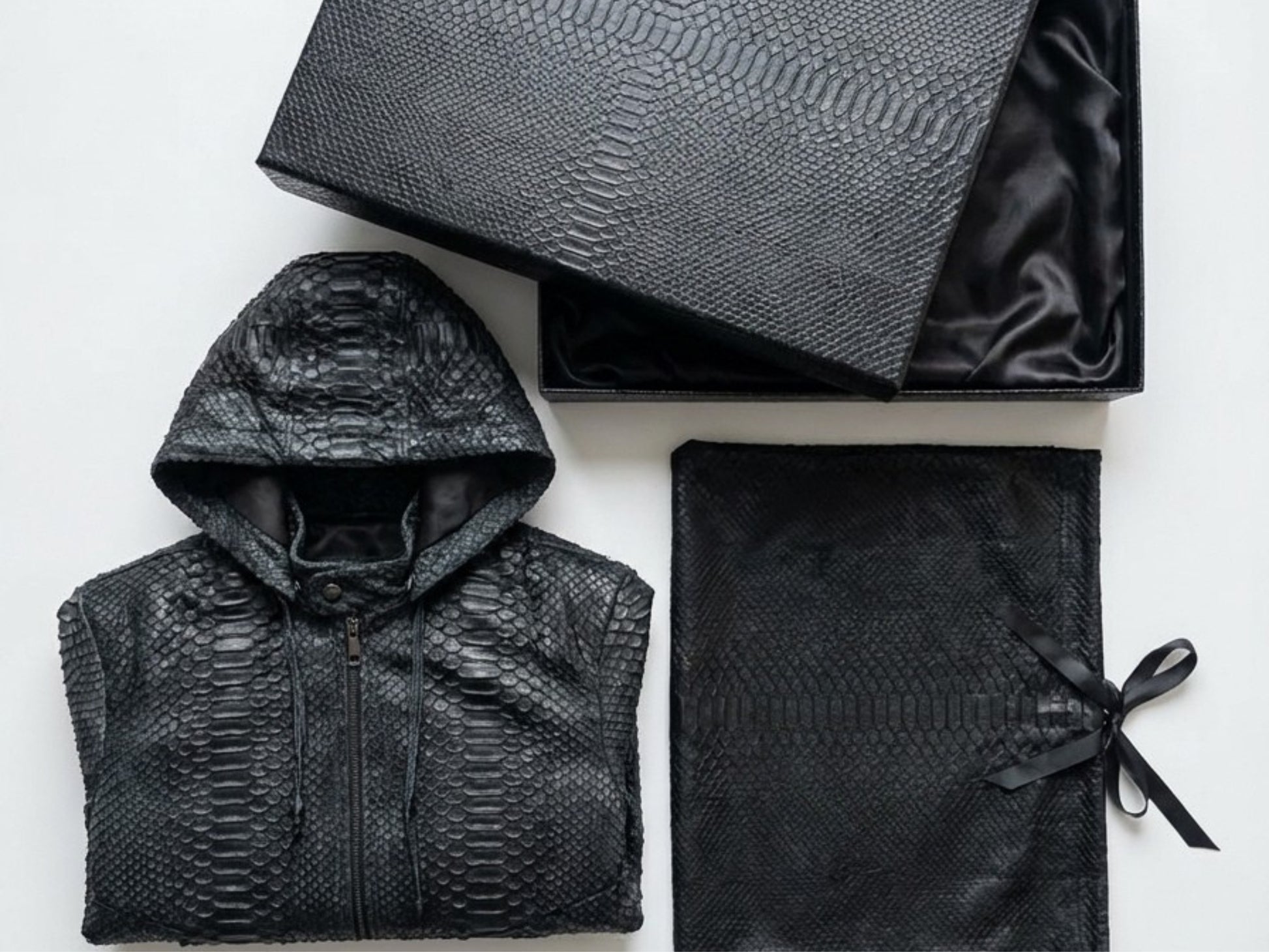 Genuine Python Snakeskin Hoodie Bomber Jacket | Black Nubuck Matte Leather