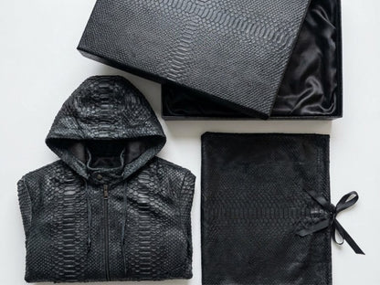 Genuine Python Snakeskin Hoodie Bomber Jacket | Black Nubuck Matte Leather