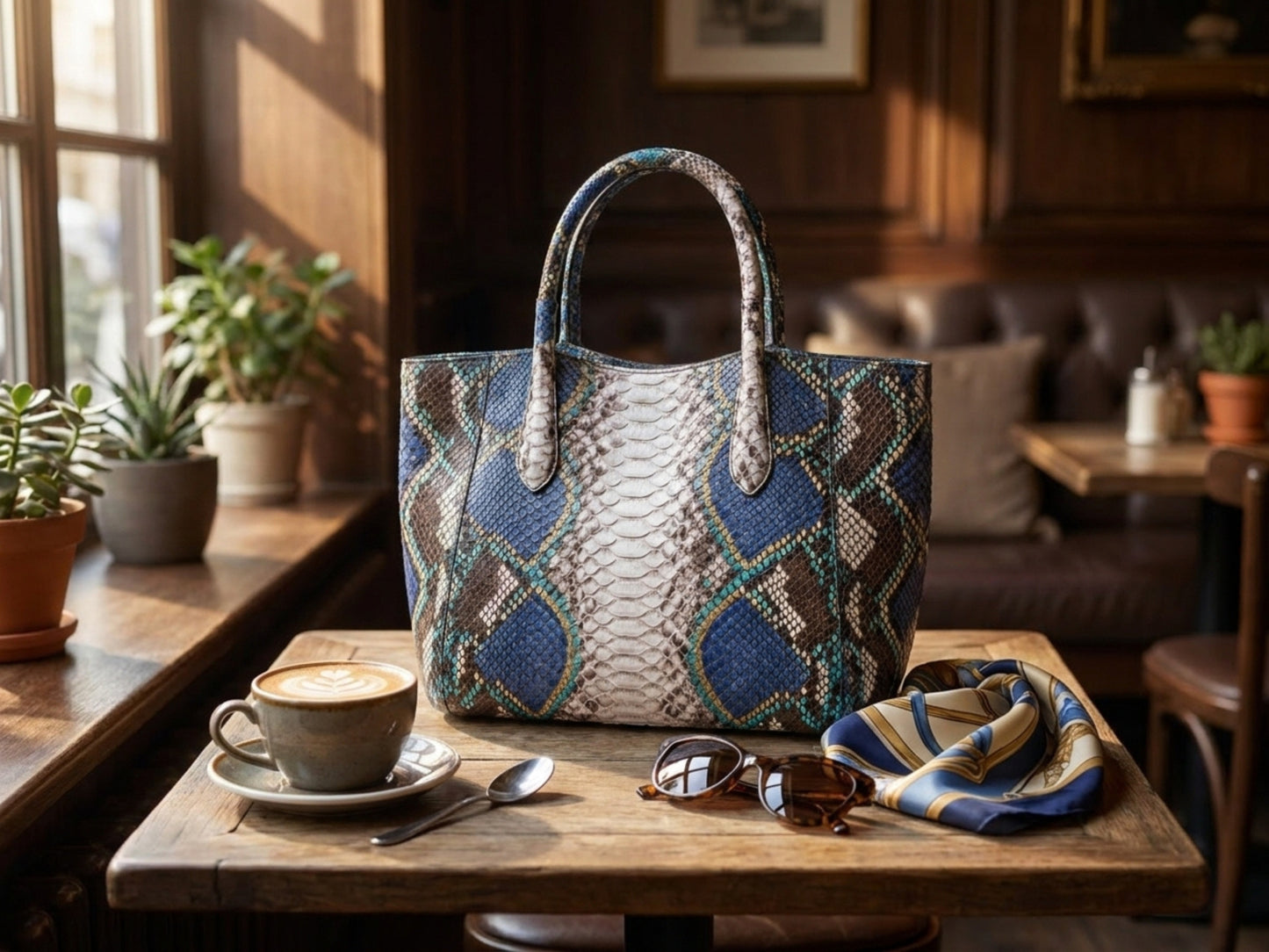 Majestic Blue Python Snakeskin Tote Leather Bag