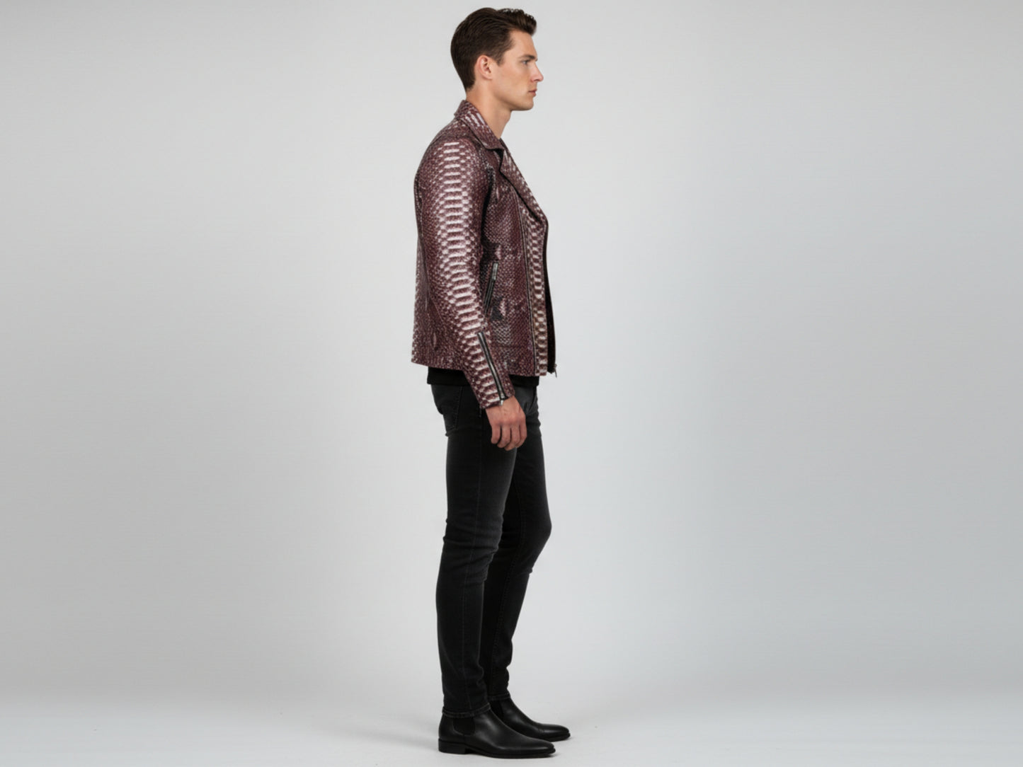 Genuine Python Snakeskin Leather Biker Jacket: Gradient Burgundy Exotic Motorcycle Jacket