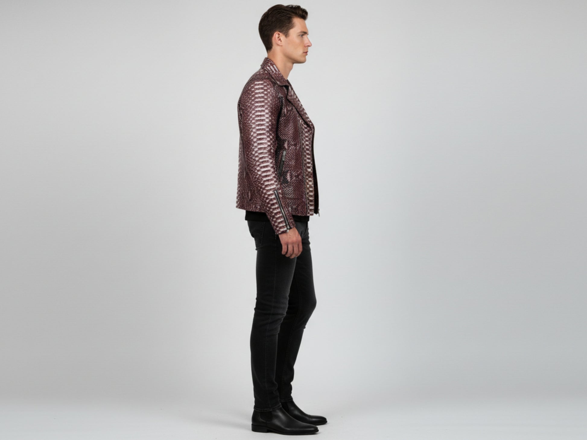 Genuine Python Snakeskin Leather Biker Jacket: Gradient Burgundy Exotic Motorcycle Jacket