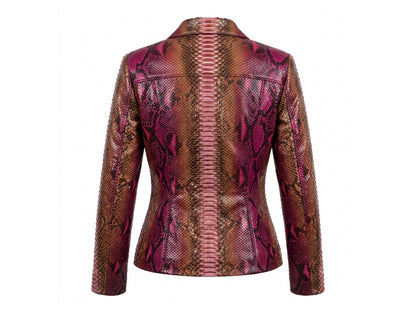 Genuine Python Snakeskin Leather Biker Jacket for Women: Pink Brown Exotic Motorcycle Jacket