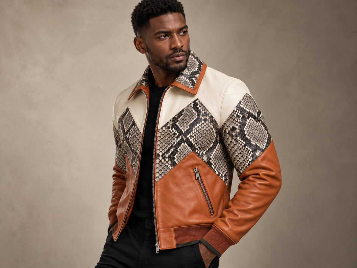 Men's Bomber Jacket | Genuine Python Snakeskin | Lambskin Leather | Cream Brown