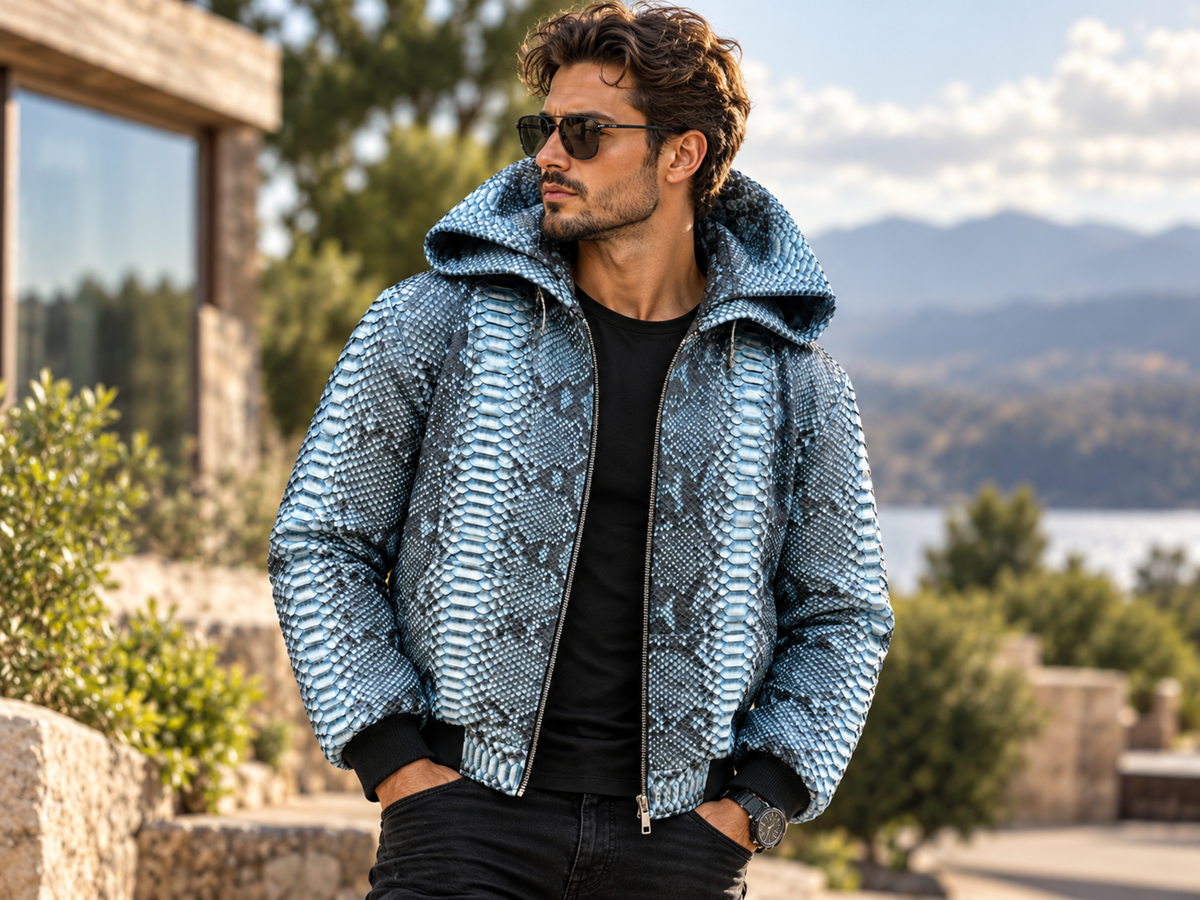 A man wearing a blue and gray snakeskin-patterned hooded jacket over a black shirt, standing outdoors with a scenic lake and mountains in the background.