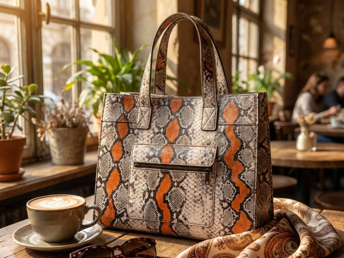 Genuine Python Snakeskin Tote Bag: Multi Orange Exotic Leather Skin