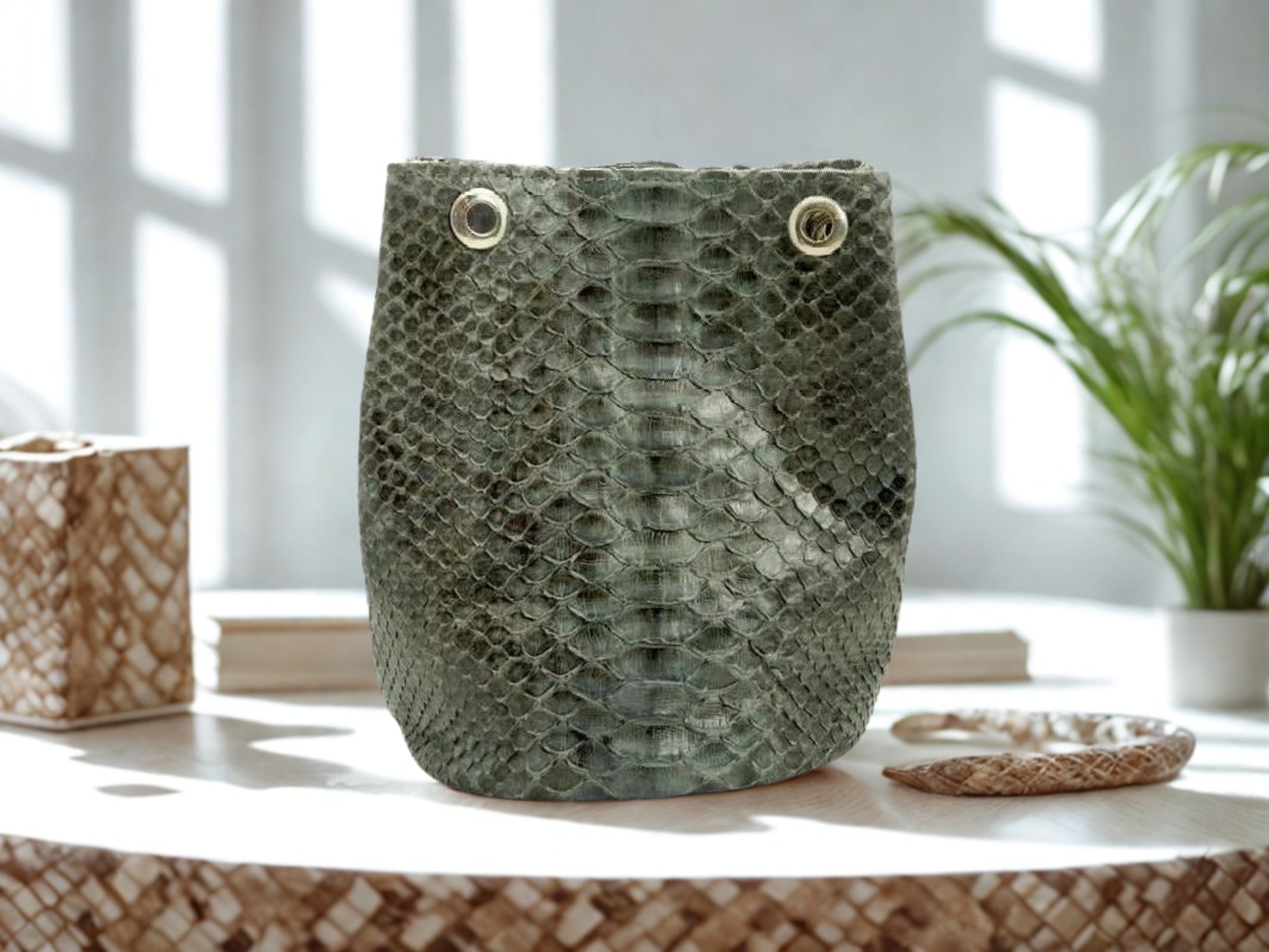 Real Snakeskin Drawstring Bag - Dark Grey