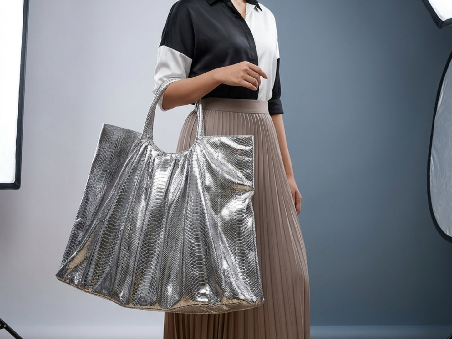 Metallic Snakeskin Tote Bag – Large Silver Shoulder Purse