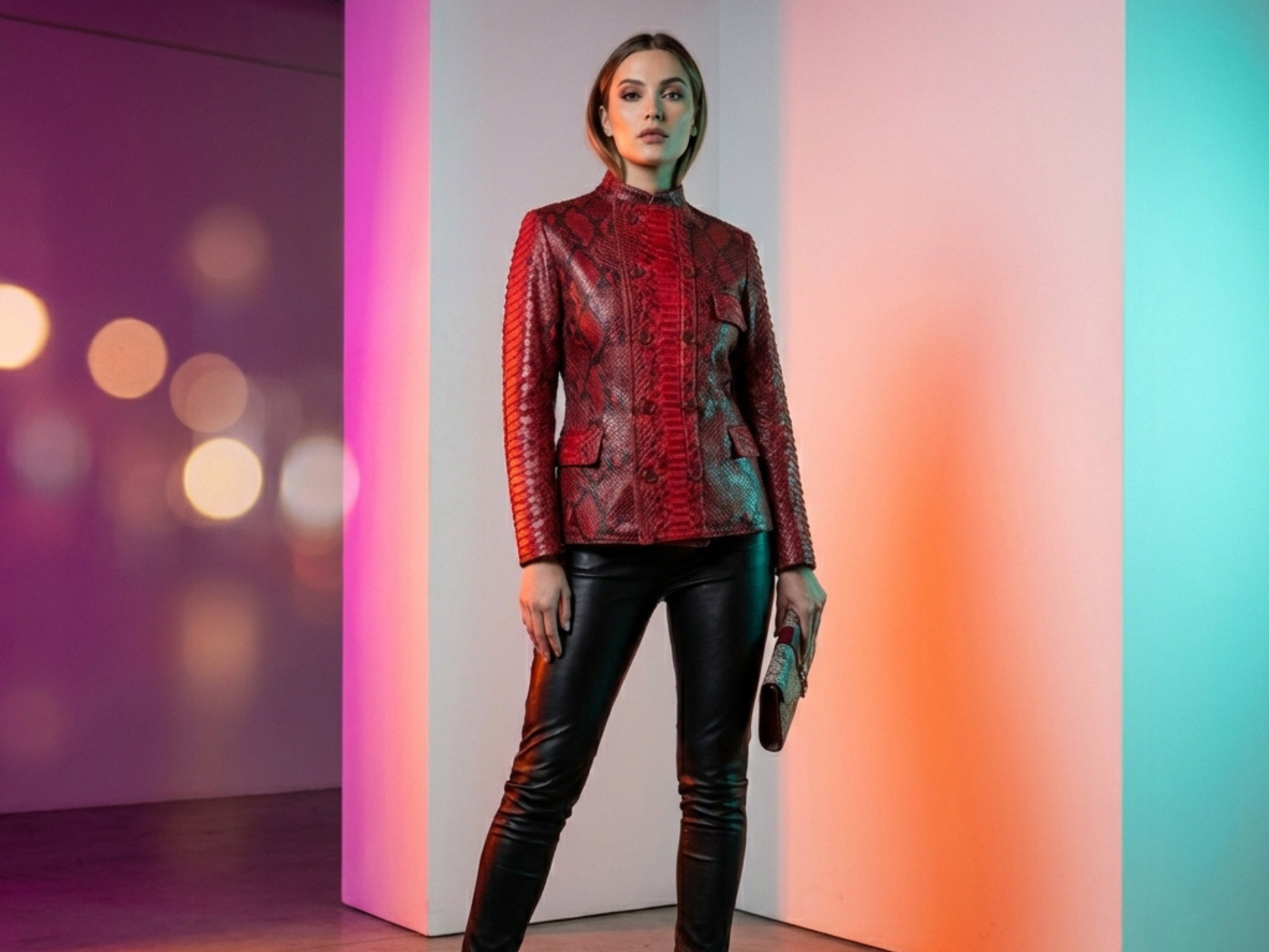 Red Python Snakeskin Mandarin Collar Jacket