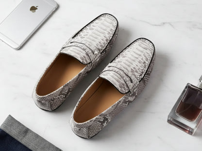 Genuine Python Snakeskin Loafers: Natural Gray Unisex Slip-On Shoes