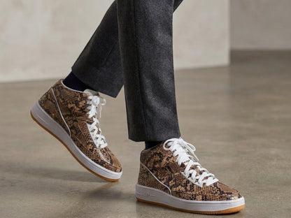 Brown Python Snakeskin Leather High-Top Sneakers